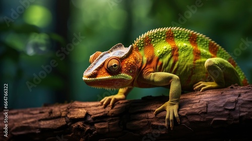 Chameleon reptile perches on a branch. © RABEYAAKTER