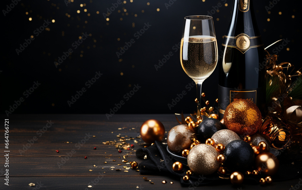 butelka szampana, wina musującego z kieliszkami na drewnianym stole w ozdobach świątecznych. - obrazy, fototapety, plakaty 