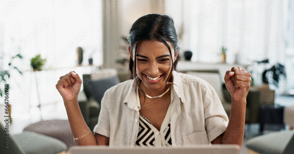 Happy woman, face and fist pump in celebration, winning or promotion for achievement or good news at home. Excited female person smile for victory, bonus or sale discount on promo or deal at house