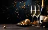 tło świąteczne, toast, kieliszki z szampanem, ozdoby świąteczne w kolorach złotym, srebrnym, drewniany stół