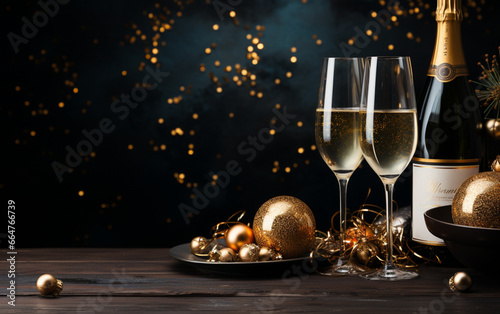 tło świąteczne, toast, kieliszki z szampanem, ozdoby świąteczne w kolorach złotym, srebrnym, drewniany stół photo