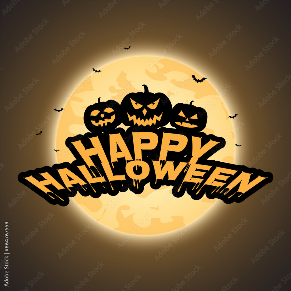 Happy halloween vector lettering design with full moon and flying bats on the night sky.