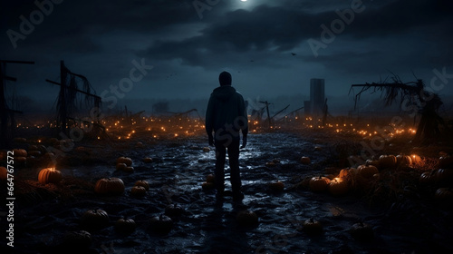 A man in an abandoned field with pumpkins