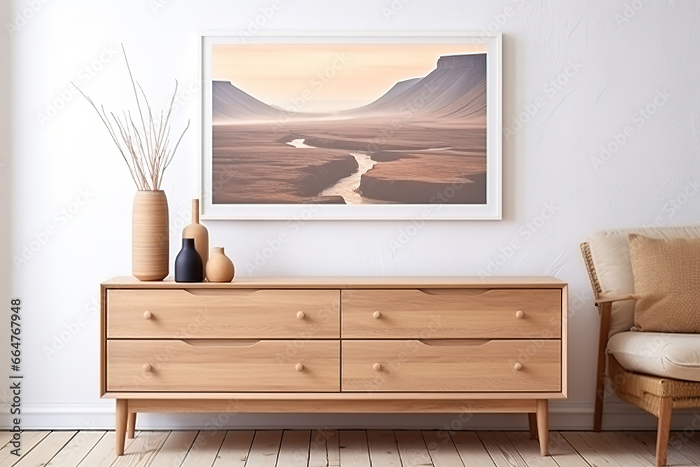 Wooden dresser and art poster on white wall. Scandinavian home interior design of modern living room. Wooden dresser and art poster on white wall. Scandinavian home interior design of modern living room.