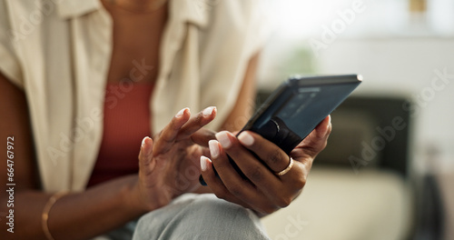 Woman  hands and phone for typing in home  reading social media notification or update online subscription. Closeup  smartphone app or download mobile games  search digital network or chat to contact