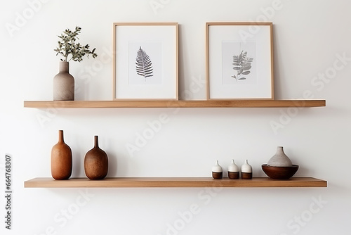 Wood floating shelf with frames and vases on white wall. Storage organization for home. Interior design of modern living room. photo