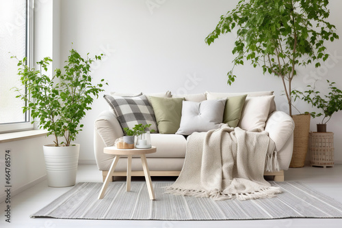 Wallpaper Mural White sofa with plaid and cushions on knitted rug against of grid window between green houseplants. Scandinavian, hygge interior design of modern living room Torontodigital.ca