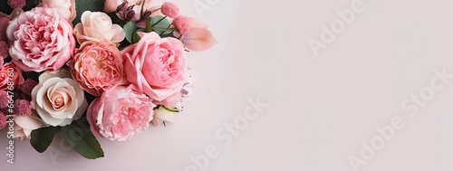 Fresh bunch of pink peonies and roses with copy space. #664768760