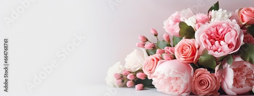 Fresh bunch of pink peonies and roses with copy space. © RABEYAAKTER