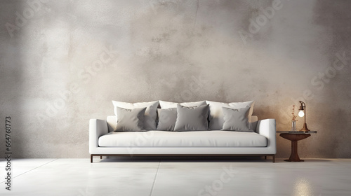 White sofa with beige pillows against concrete wall. Minimalist home interior design of modern living room. -