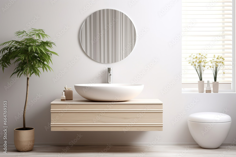 Fototapeta premium Wall-mounted vanity with white ceramic vessel sink. Interior design of modern scandinavian bathroom.