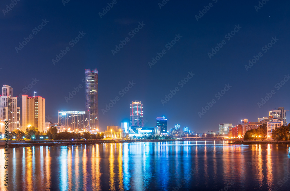 Fototapeta premium Summer Night on a pond in the center of the city. Yekaterinburg city and pond at night.