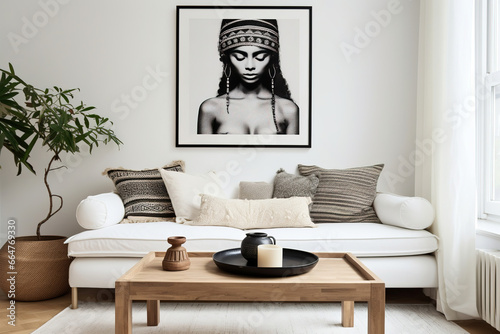 White sofa and black coffee table against white wall with art poster. Scandinavian boho home interior design of modern living room.