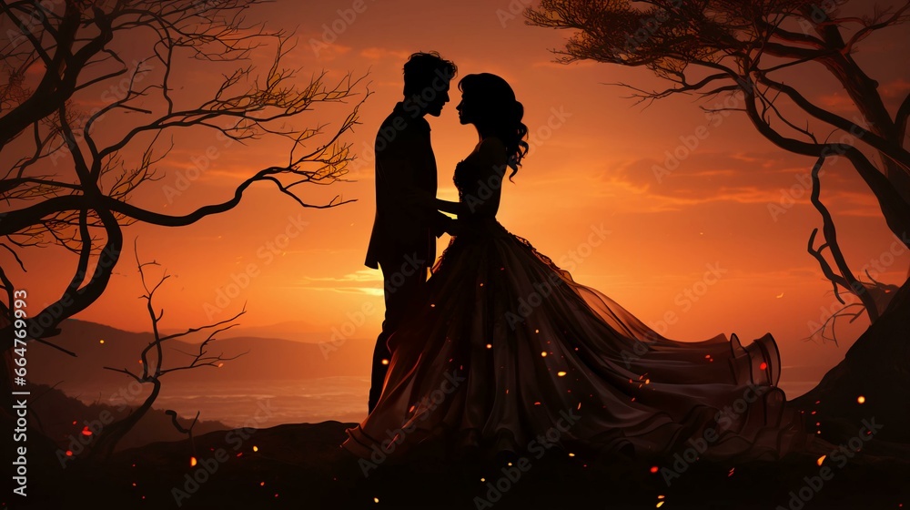 Silhouette of a couple of newlyweds in love at sunset against the background of a river, the concept of wedding and love Silhouette of a couple of newlyweds in love at sunset against the background of a river, the concept of wedding and love