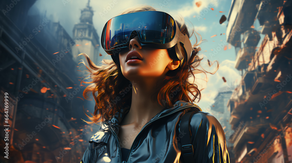 Fototapeta premium A young girl wearing augmented reality glasses in a computer game in the virtual world
