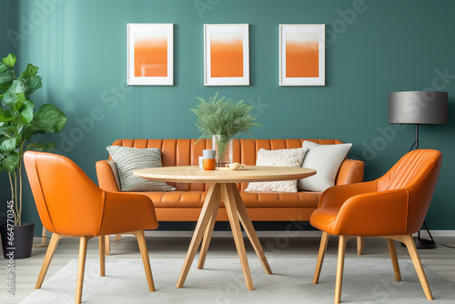 Orange leather chairs at round dining table against green wall. Scandinavian  mid-century home interior design of modern living room