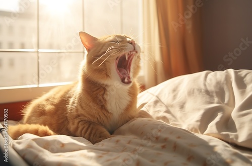 An adorable orange and white cat yawns on a bed in front of a window, its mouth wide open and its tongue lolling out. The cat's fur is soft and fluffy, and its expression is one of pure contentment.