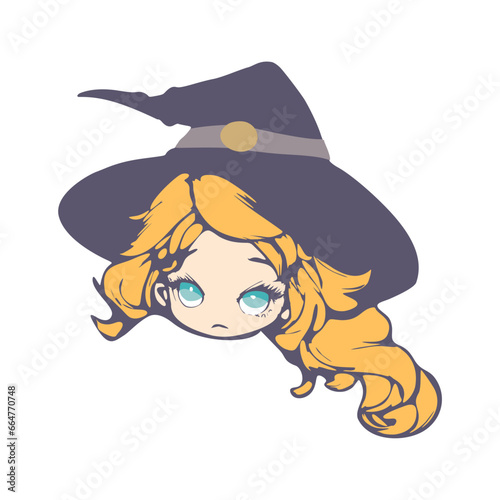Upset young cute witch girl sketchbook cartoon style portrait. Long curly hair and big anime style eyes. Halloween relative character