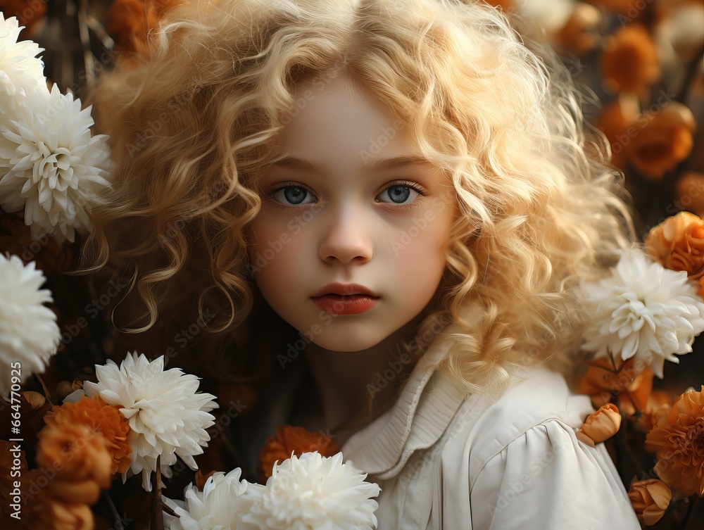 A very beautiful curly haired blue eyed child of five years old in a flower garden. Fashion photo of the child.