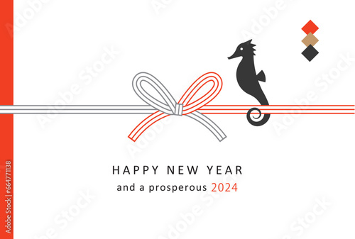 New Year card design. 2024 Dragon Year. Mizuhiki ribbon and seahorse silhouette. Traditional Japanese wrapping paper style.