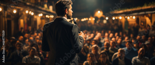 Rückenansicht eines Mannes im Geschäftsanzug, der eine Rede auf einer Bühne hält