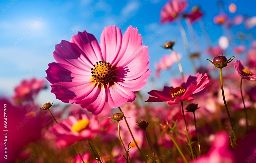 A cosmos flower face to sunrise in field.