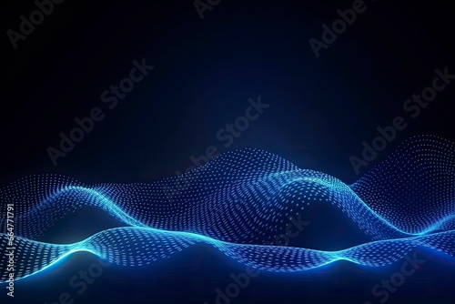 Dynamic blue particle wave. Abstract sound visualization. Digital structure of the wave flow of luminous particles.