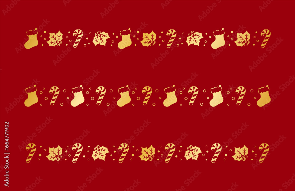 Gold Christmas themed decorative border and text divider set, Christmas Stocking, Candy Cane and Mistletoe Pattern Silhouette. Vector Illustration.