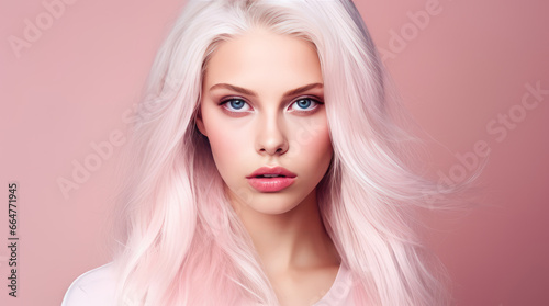 Portrait of a beautiful, elegant, sexy Caucasian woman with perfect skin and white long hair, on a pink background, banner.