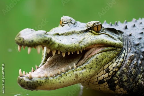 Crocodile with its mouth wide open with a green lake in the green background. © RABEYAAKTER