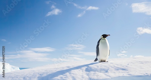 Penguin standing in Antarctica looking into the blue sky. © RABEYAAKTER