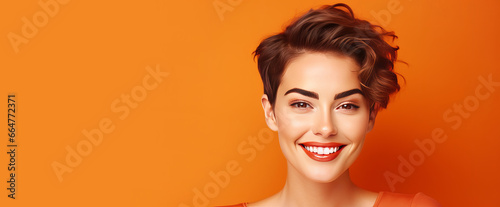 Portrait of a beautiful, sexy smiling Caucasian woman with perfect skin and short haircut, on an orange background.