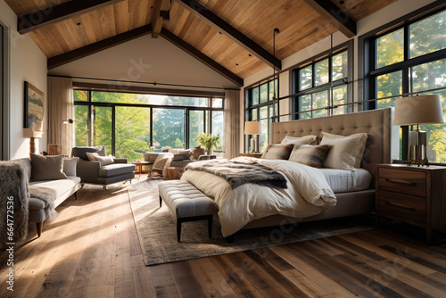 Farmhouse interior design of modern bedroom with hardwood floor. © arhendrix