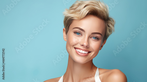 Portrait of a beautiful, sexy Caucasian woman with perfect skin and white short hair, on a light blue background.