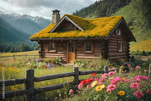 Isolated Rustic Tiny Cabin Amd a Beautiful Floral Country Field 002 Generative AI