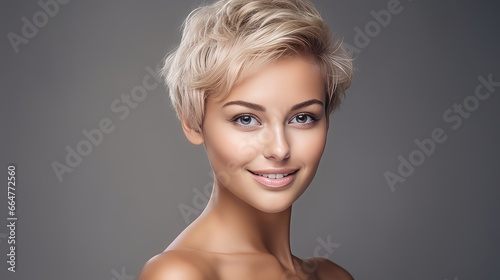 Portrait of a beautiful  sexy Caucasian woman with perfect skin and white short hair  on a gray background.