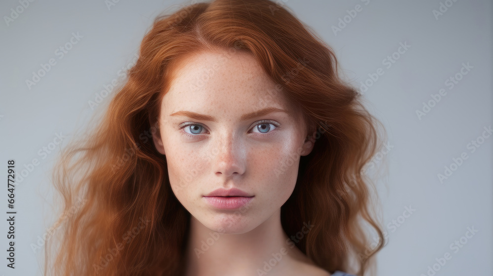 Portrait of an elegant, sexy happy Caucasian woman with perfect skin and red hair, on a white background, banner.