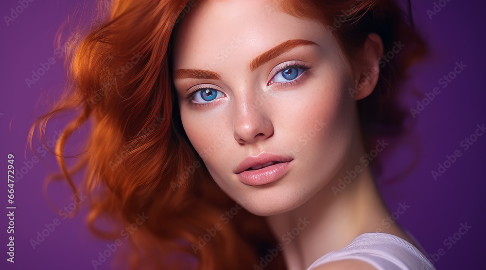 Portrait of an elegant, sexy happy Caucasian woman with perfect skin and red hair, on a purple background, banner.