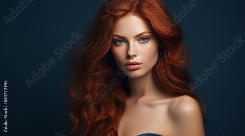 Portrait of an elegant, sexy happy Caucasian woman with perfect skin and red hair, on a dark blue background, banner.