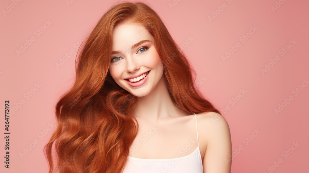 Portrait of an elegant, sexy smiling woman with perfect skin and long red hair, on a pink background, banner. Portrait of an elegant, sexy smiling woman with perfect skin and long red hair, on a pink background, banner.