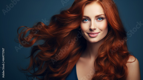 Portrait of an elegant, sexy smiling woman with perfect skin and long red hair, on a dark blue background, banner.