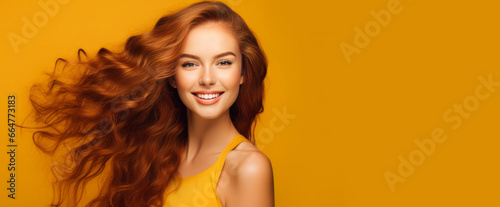 Portrait of an elegant, sexy smiling woman with perfect skin and long red hair, on a yellow background, banner.