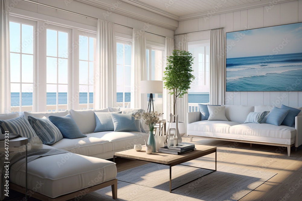 Fototapeta premium Coastal style home interior design of modern living room.