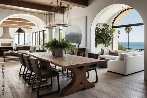 Coastal, mediterranean home interior design of modern dining room with arched ceiling.