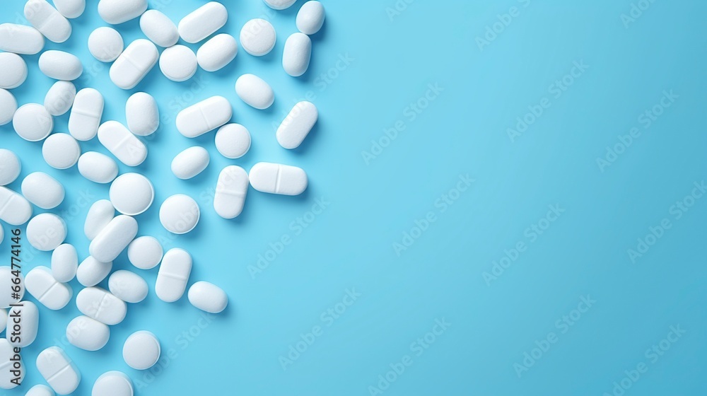 Top view white medicine tablets antibiotic pills on a soft blue background, copy space, Pharmacy theme.