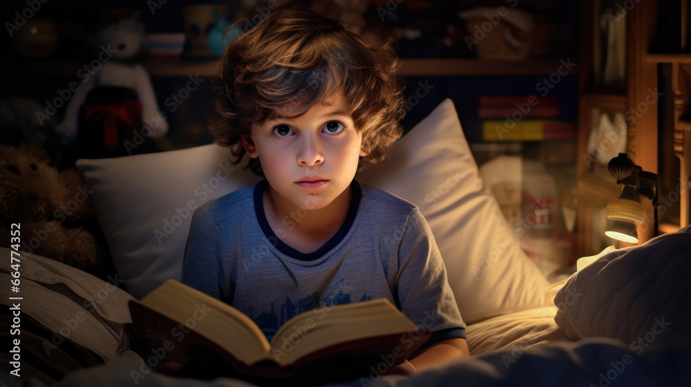 A young boy is reading a book in bed. Generative AI. A young boy is reading a book in bed. Generative AI.