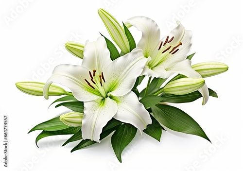 Beautiful fresh lily flower with green leaves, isolated on white background. © MstSanta