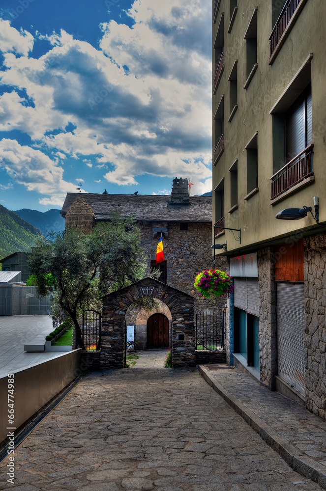 Andorra la Vella, capital of Andorra, is located in the Pyrenees mountains, between France and Spain.