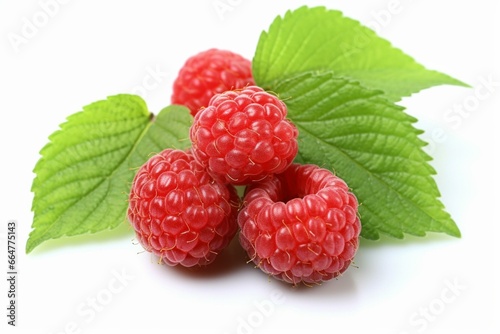 A cluster of raspberries with leaves on a white background, featuring a green leaf at the top and bottom of a berry. Generative AI