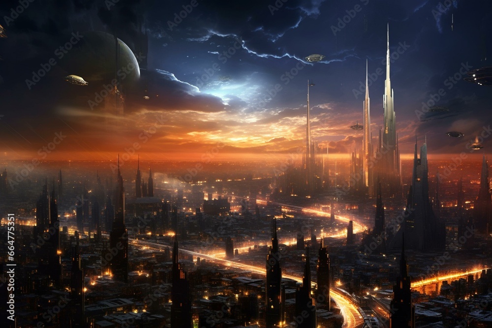 A futuristic city illuminated under the dark sky. Generative AI